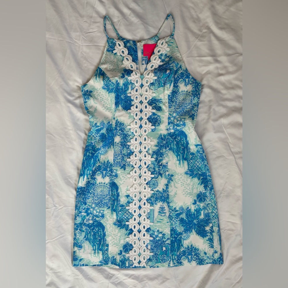 Lilly Pulitzer Pearl “It’s Toile About Me” Blue White Dress Size 4